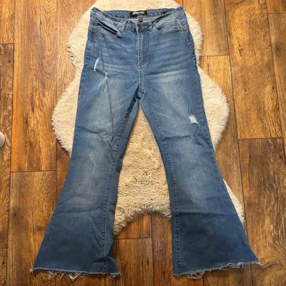 skinny Fries Denim - Skinny Fries Denim Jean Size 11 Flare Light Distressed Medium Blue Raw Hem